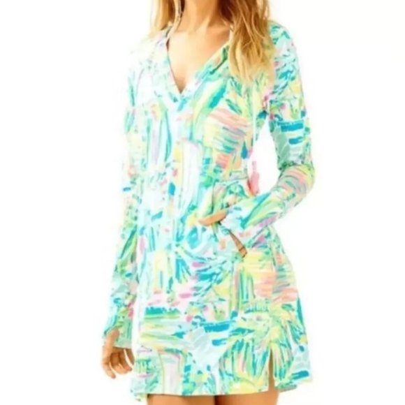 Lily Pulitzer Sz XS Rylie UPF Hooded Cover Up Sea Salt & Sunrope Tassel Dress - Picture 2 of 13